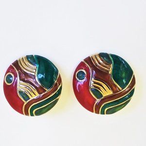 Vintage large button earrings on red, gold, and dark green